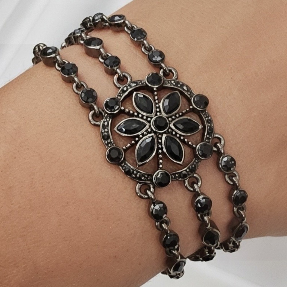 Black Rhinestone Gunmetal Floral Chain Bracelet Victorian Revival